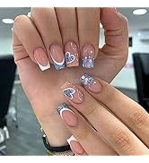 24 Pcs Pink Press on Nails Medium Square - BHLFRH White French Fake Nails Press ons Heart Sequins...