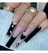 24 Pcs Pink Press on Nails Long Square Coffin - BHLFRH Fake Nails Press ons Black French Heart Po...