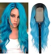 Long Blue Wig for Women 26Inch Wavy Curly Ombre Blue Hair Wigs Synthetic Hair Replacement Wig Hea...