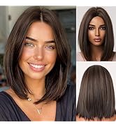 Allbell Bob Wigs for Women,Brown Mid Length Wig with Highlights,Short Straight Bob Wig, Brown Mid...