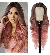 Long Pink Wig for Women 26Inch Wavy Curly Balayage Ombre Pink Wigs Synthetic Hair Replacement Wig...
