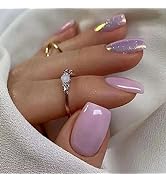 Press on Nails Short Square Fake Nails Light Purple False Nails with Glitter Designs Summer Acryl...
