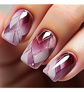 Press on Nails Medium Square MABKJLF Fake Nails Wine Red Full Cover Broken Crack False Nails with...