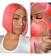 KEUET Pink Lace Front Wig Human Hair 13x4 Pink Human Hair Bob Wigs 180% Density Hot Pink Bob Lace...