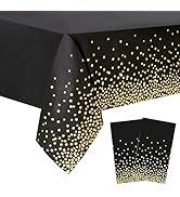 2 Packaging Black and Gold Plastic Tablecloth, 54 inch x108 inch Rectangular Disposable dot Party...