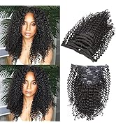 Anrosa Afro Kinky Clip in Human Hair 1B Natural Black Afro Kinky Curly Clip in Hair Extensions fo...
