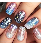 Moon Star Press on Nails Stars Sky Gel Glue on Nail 24Pcs Meteor Acrylic Medium Square Fake Nail ...