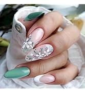 Almond Shaped Press on Nails Medium Length Acrylic Nails white French Tip False Nails With Floral...