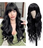 26 Inch Long Black Wig with Bangs for Women Curly Wavy Hair Wigs Heat Resistant Synthetic Wig for...