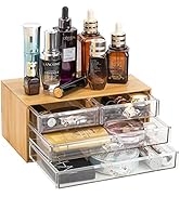 Okllen Bamboo Cosmetic Storage Organizer with 4 Acrylic Drawers, Clear Makeup Organizer Jewelry S...
