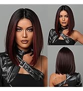 Allbell Red Brown Wigs for Women Highlights Bob Hair Middle Parting Medium Length Straight Synthe...