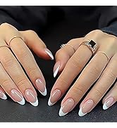White French Tip Press on Nails Almond Shape Fake Nails Nude Medium False Nails Acrylic Artificia...