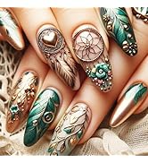 Green Feather Press on Nails 24Pcs Medium Almond Glossy Gold Curve Line False Nails Flower Stick ...