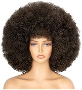 70's Afro Wig for Women, Dark Brown Short Afro Kinky Curly Wig, Glueless Synthetic Wig with Bangs...