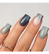 24 Pcs Pewter Gray Press on Nails Medium Square - BHLFRH Fake Nails Press ons Glitter Powder Desi...