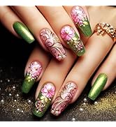 24Pcs Summer Flower Press on Nails Leaves Acrylic Long Coffin Fake Nail Pearls Stick on Fingernai...