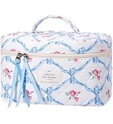 senbowe Large Quilted Makeup Bag, Cotton Quilted Floral Cosmetic Bag for Women, Cute Floral Coque...