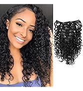 Anrosa Water Wave Clip in Hair Extensions Human Curly Hair Natural Black 1B Double Weft Water Wav...