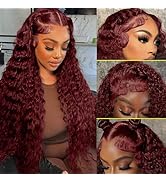 ALSZIQIHR 99J HD Lace Front Wigs Human Hair Pre Plucked 180 Density Burgundy Deep Wave Frontal Wi...