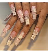 Press on Nails Long Square MABKJLF French Fake Nails Full Cover False Nails with Flower Heart Cha...