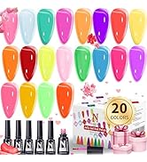 noirwhite Jelly Gel Polish, 20 Colors Trendy Neon Jelly Gel Nail Polish Kit Glossy Crystal Transp...