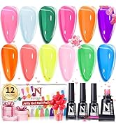 noirwhite Jelly Gel Nail Polish, 12 Pcs Glossy Trendy Colors Transparent Nail Polish Set Nude Pin...