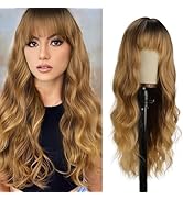 Vomella Highlight Ombre Wig with Bangs 26 Inch Long Curly Wavy Wigs for Women Natural Looking Syn...