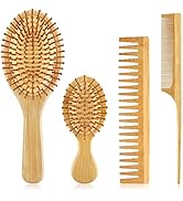 EKONAER 4 PCS Bamboo Hair Brush Set With Natural Wooden Wide-tooth and Tail Comb Big and Mini Pad...