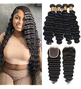 Taziza Loose Wave Human Hair Bundles with Closure(20 22 24 26+18 Inch,Free Part)Pre Plucked with ...