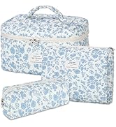 senbowe Floral Makeup Bag, 3 Pack Large Cotton Quilted Makeup Bag Set, Cute Floral Coquette Aesth...