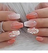 Pink Press on Nails Coffin Medium Length Acrylic Nails Artificial False Nails with Glitter Butter...