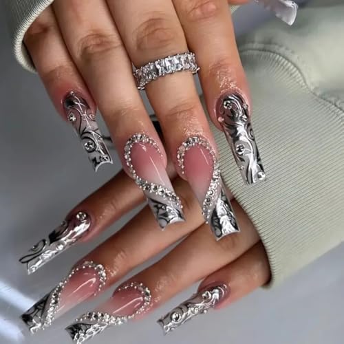 ANDGING Silver Press on Nails Square Long Fake Nails with Glitter Rhinestone Heart Designs Bling FLower Pressons Fake Nails Fantasy False Nails for Wedding Classy Acrylic stick on nail for Women