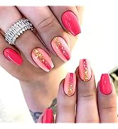 Press on Nails Coffin Medium Length False Nails with Golden Glitter Designs Acrylic Nails Artific...