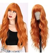 Vomella Orange Wig With Bangs 26 Inch Long Curly Wavy Wigs for Women Natural Looking Synthetic He...