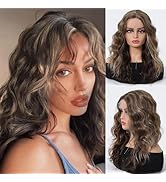 Allbell Wavy Wigs Brown Highlight Middle Part Wigs for Women 160 Density Glueless Synthetic Hair ...