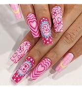 Hot Pink Press on Nails Long Coffin MABKJLF Fake Nails Full Cover Flower BIKINI False Nails with ...