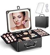 Makeup Box with A Detachable Lighted Mirror, Portable Cosmetic Organizer & Makeup Suitcase with A...
