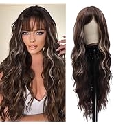 Vomella Brown Wig With Bangs 26 Inch Long Curly Wavy Wigs with Highlights Natural Curly Wig for W...