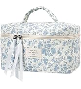 senbowe Large Quilted Makeup Bag, Cotton Quilted Floral Cosmetic Bag for Women, Cute Floral Coque...