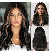 Allbell Black Wigs for Women Curly Wig with Highlights Middle Part Synthetic Wig Medium Length fo...