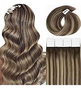 Anrosa Tape in Human Hair Extensions Color 5 Dark Brown Fading to 12 Dirty Blonde with 5 Dark Bro...