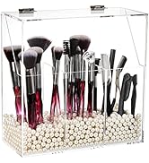Okllen Makeup Brush Holder with Dustproof Lid, White Pearls, Acrylic Clear Makeup Brush Organizer...