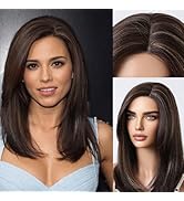 Allbell Wigs Brown Highlight Side Part Wigs for Women 160 Density Synthetic Hair Long Straight Wi...