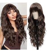 Vomella Dark Brown Wig with Bangs 26 Inch Long Curly Wavy Wigs for Women Natural Looking Syntheti...
