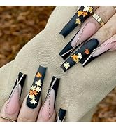 24 Pcs Pink Press on Nails Long Square Coffin - BHLFRH Fall Fake Nails Press ons Black French Map...