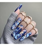 Press on Nails Extra Long Coffin Summer Blue Fake Nails Gradient Full Cover False Nails with Gold...