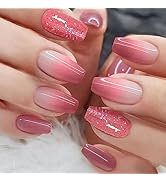Red Gradient Acrylic Press on Nails Coffin Medium Length False Nails with Glitter Sequins Designs...