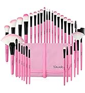 Yuwaku Pink Makeup Brush Set, 32pcs Premium Synthetic Brushes, Kabuki Foundation Brush Blending F...
