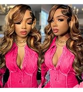 ALSZIQIHR 26 inch Highlight Ombre 13x6 Body Wave HD Transparent Lace Front Wigs Human Hair Honey ...