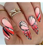 Red Gradient Almond Press on Nails Medium Length Acrylic Nails Artificial False Nails with Glitte...